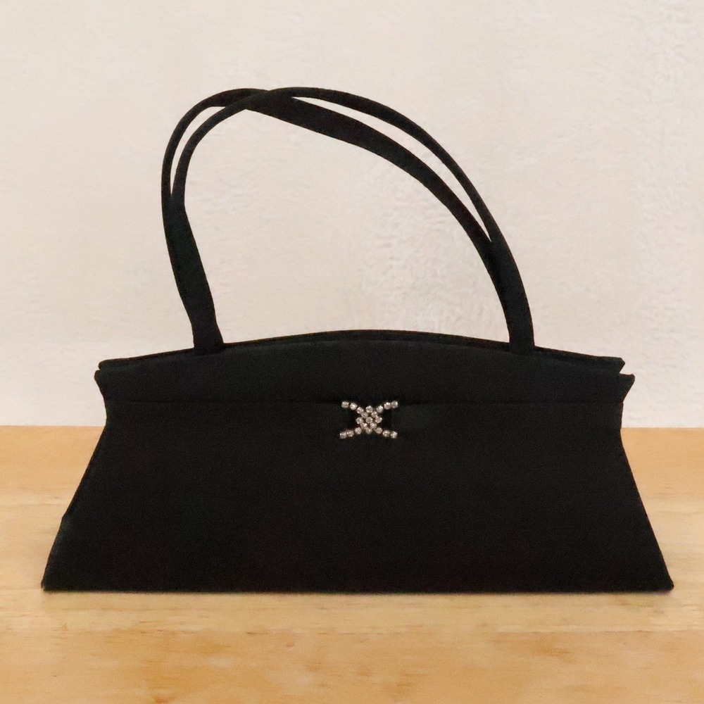 Vintage 90s Y2K La Regale Evening Bag Black Rhinestone Satin Baguette Elegant